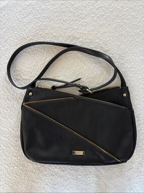 🖤Joe’s Jeans Black Pebbled Crossbody Bag Gold Diagonal Zipper Moto Edgy🖤